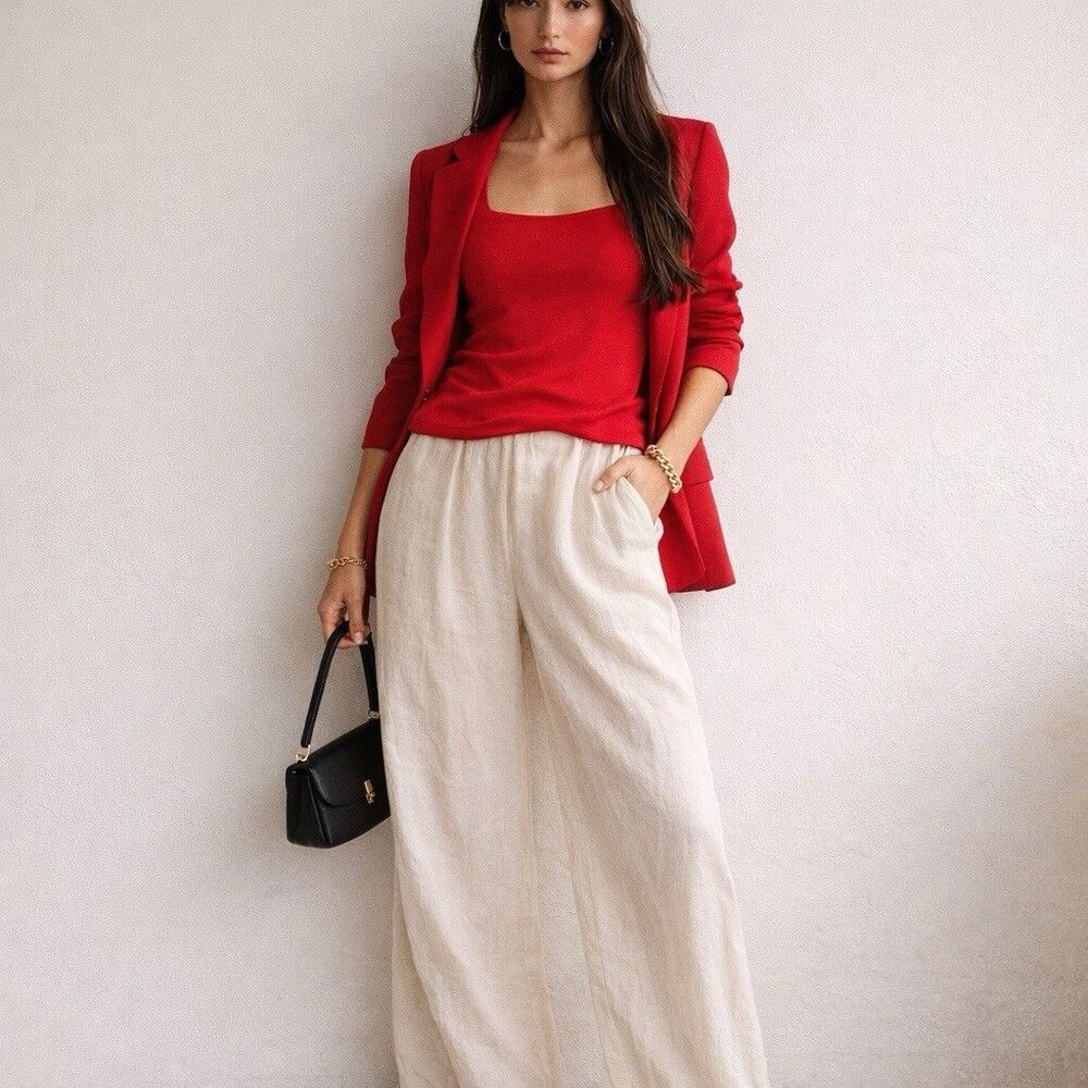 Pour Soie 100% Silk Knit Top Red Short Sleeve Sweater Lightweight Classic M